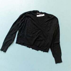 IRO Black Distressed Hole V-Neck Long Sleeve Cropped Sweater Size Medium